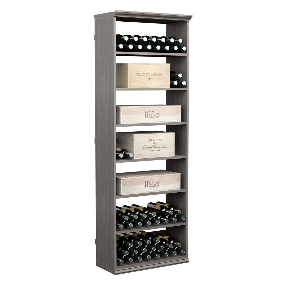 Rectangular wine case bin with open shelves and bottle slots, dark grey wood finish