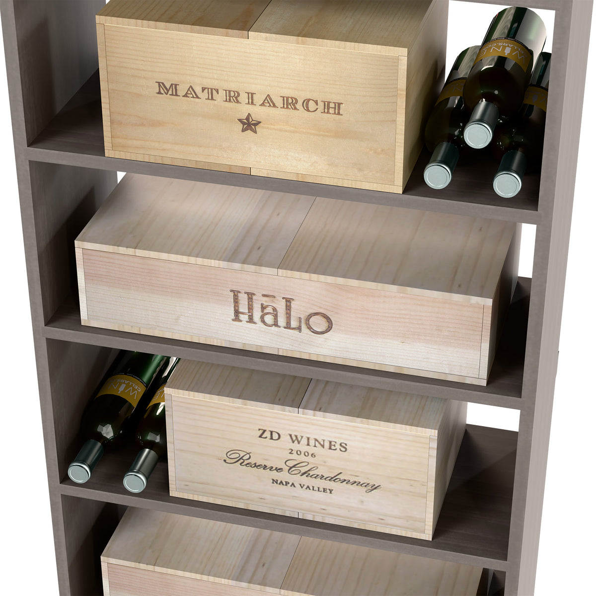 Wood wine storage case with front label crates and bottle compartments, close-up view