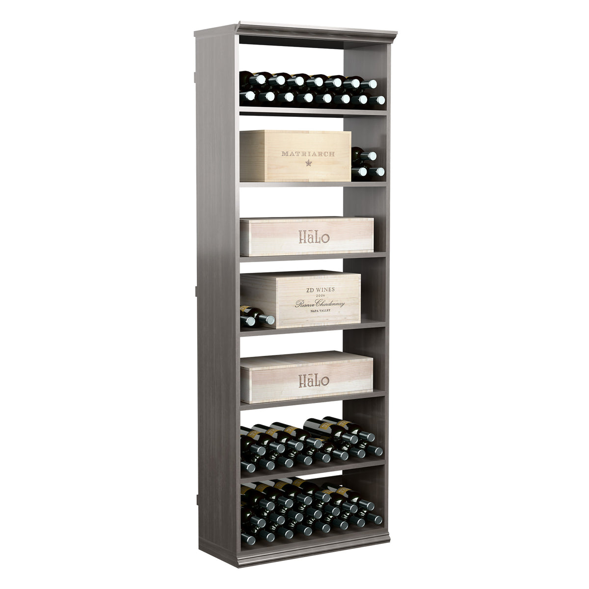 Tall rectangular wine case bin with bottle rows and open label shelves, dark grey wood