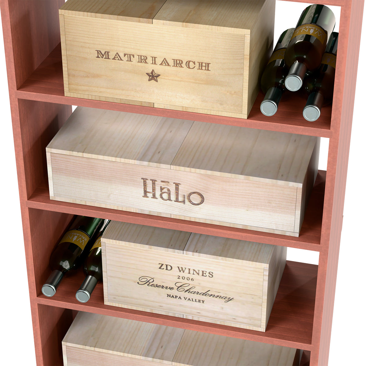 Wood wine storage cabinet with stacked labeled crates and bottle compartments, reddish