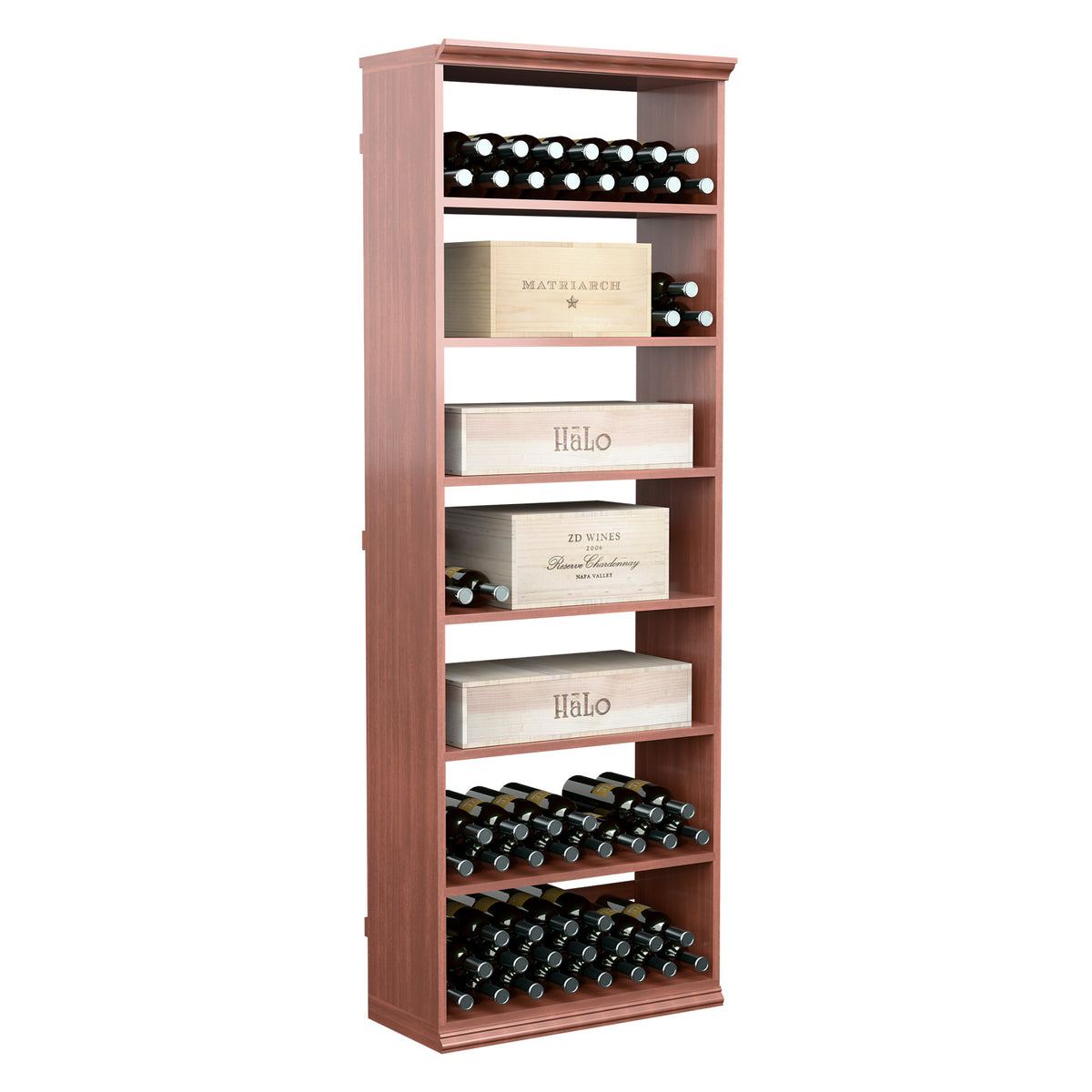 Tall rectangular wine case bin with bottle slots and open crates, reddish wood finish