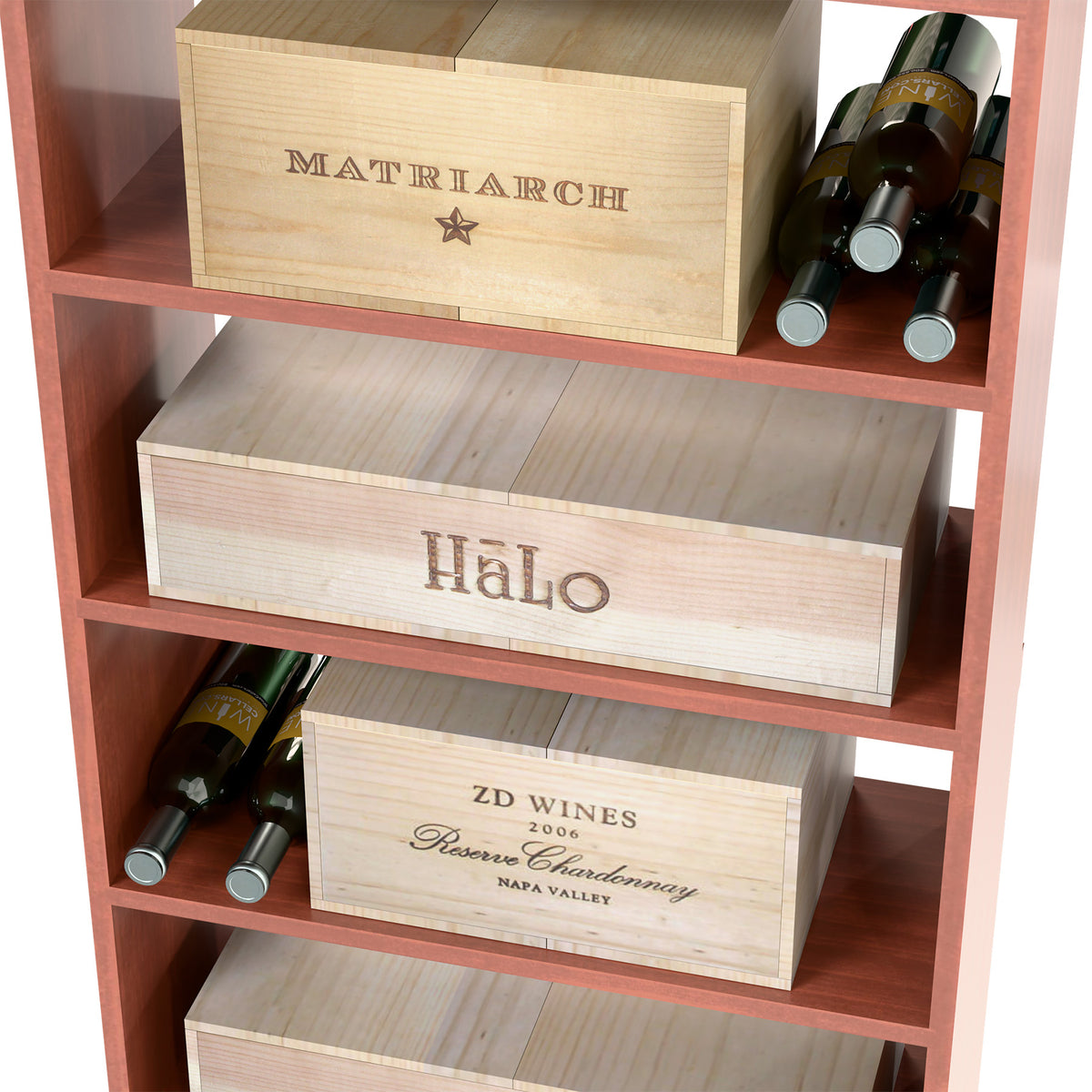 Wine storage cabinet with labeled crates and bottle compartments, reddish wood finish