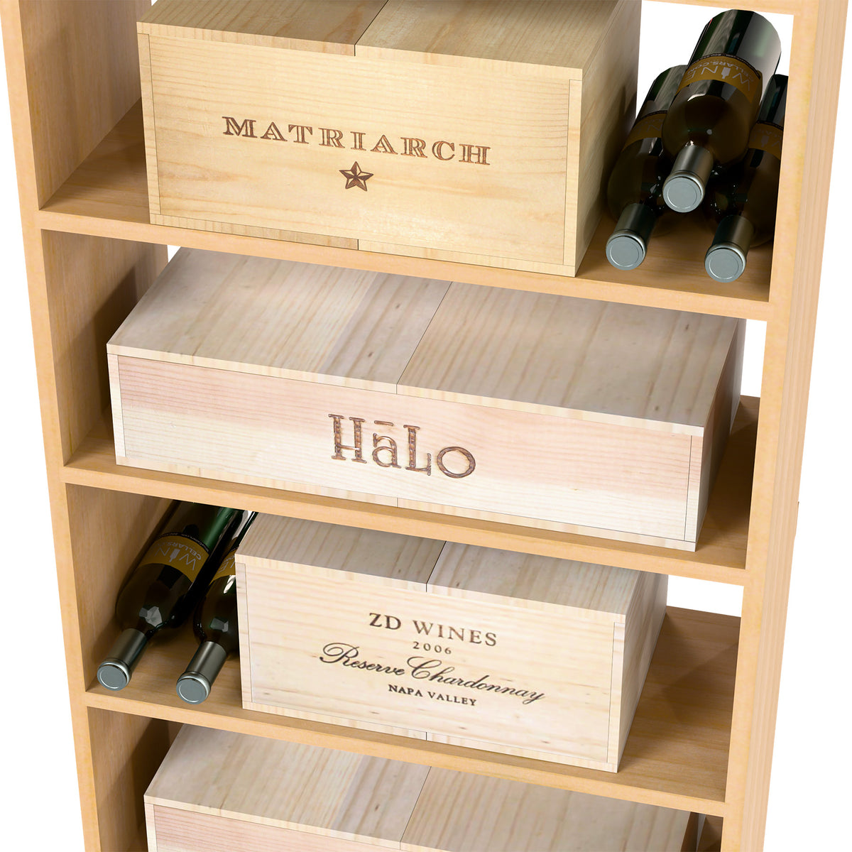 Wood wine storage case with labeled crates and bottle compartments, light wood finish
