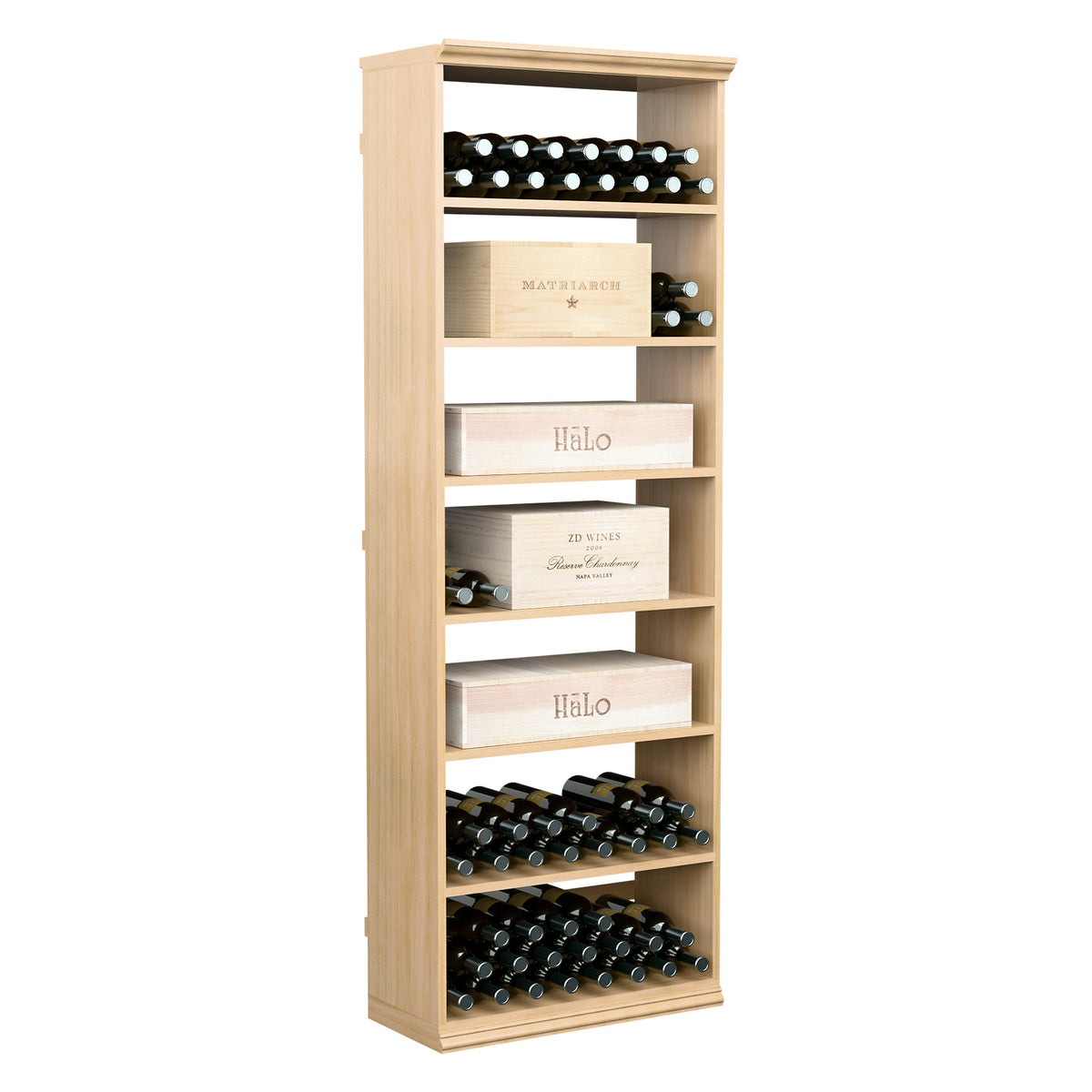 Light wood wine bottle storage cabinet with open shelves and bottle holders
