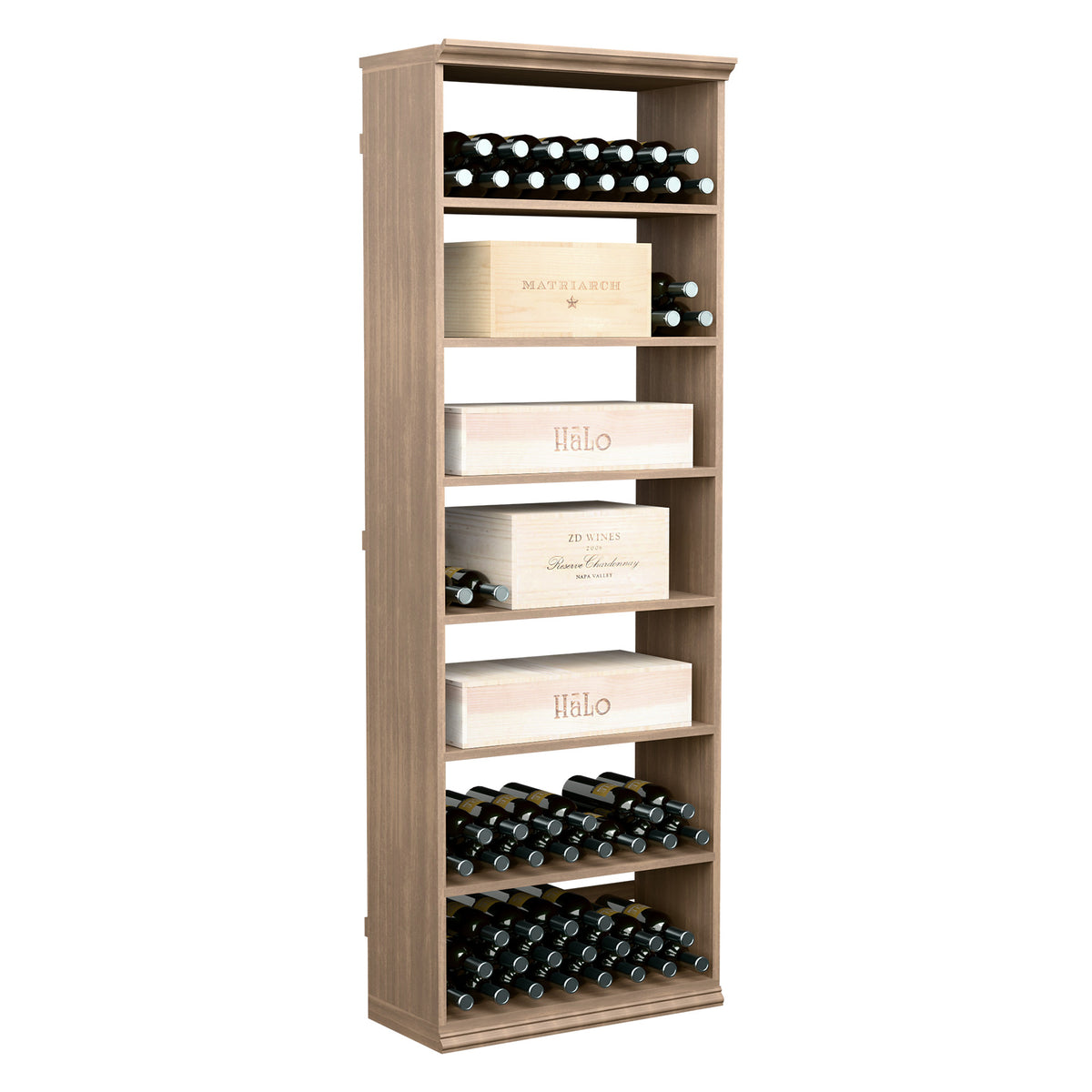 Light wood tall wine bottle storage cabinet with multiple open shelves and holders