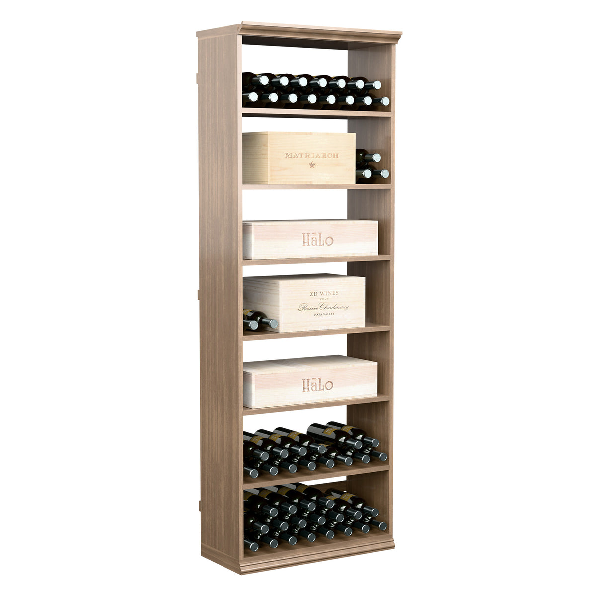 Light wood wine bottle storage cabinet with open shelving and metal bottle slots