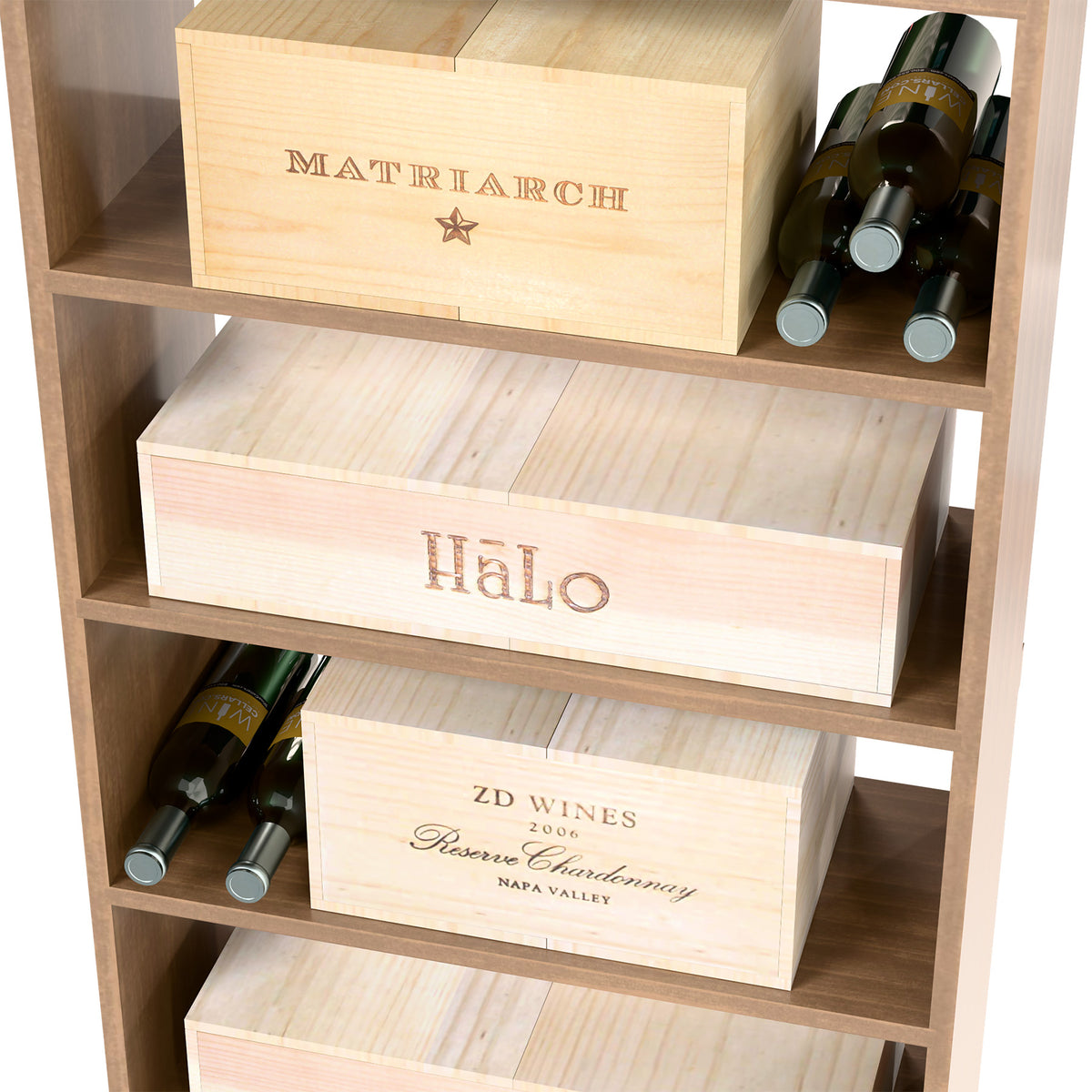 Light wood wine storage cabinet with stacked compartments for bottles and labeled cases