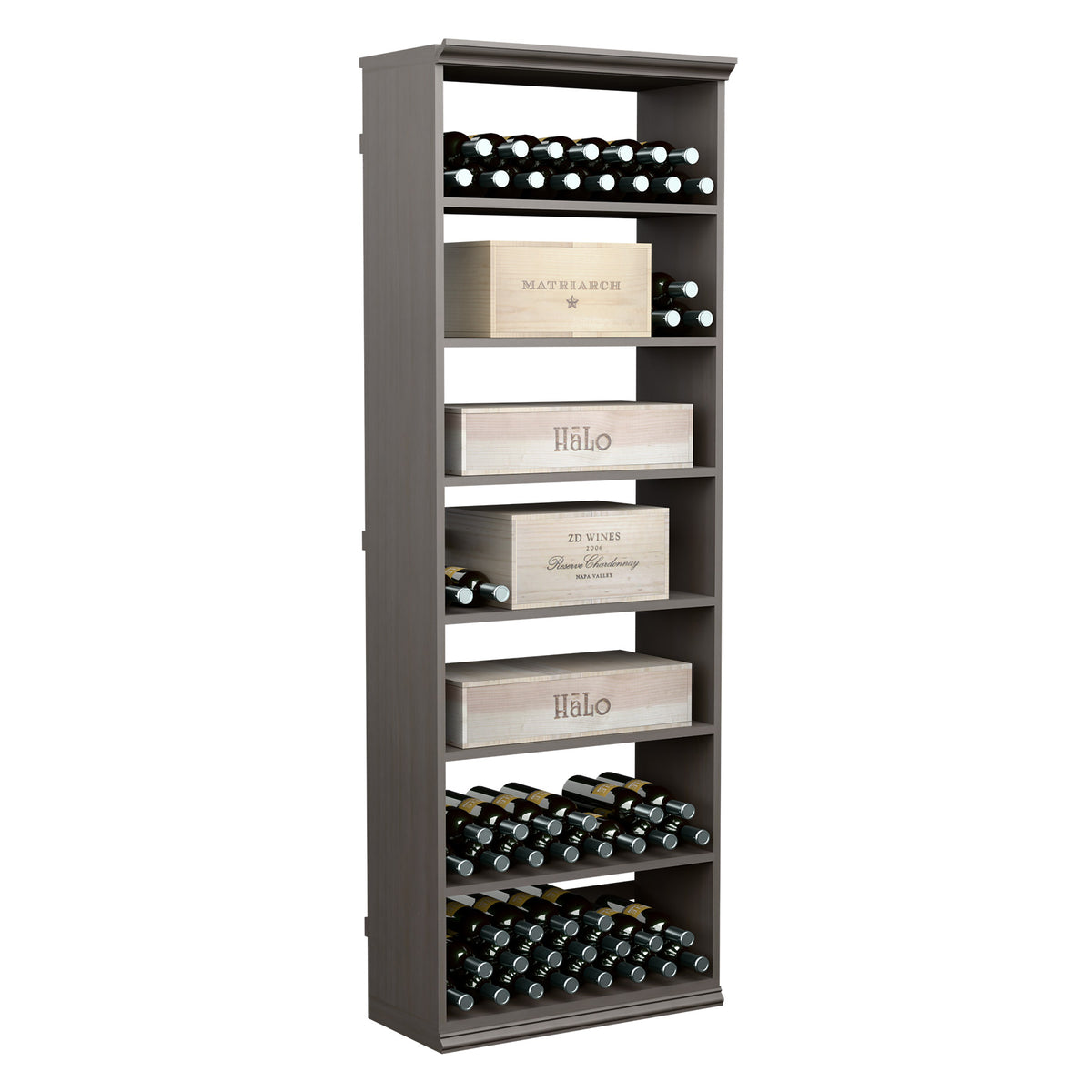 Dark wood wine bottle storage cabinet with open shelves and bottle holder rows
