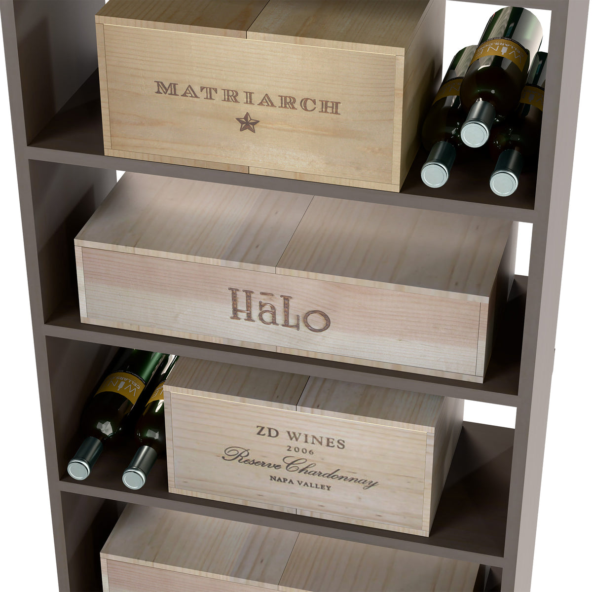Light wood wine bottle storage cabinet with front compartments holding bottles and cases