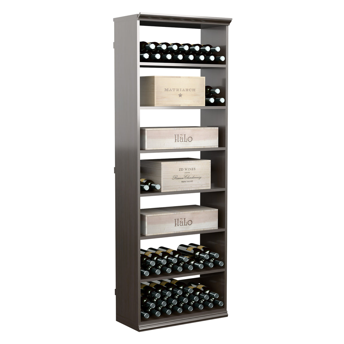 Dark wood tall wine bottle storage cabinet with open shelves and bottle holder rows