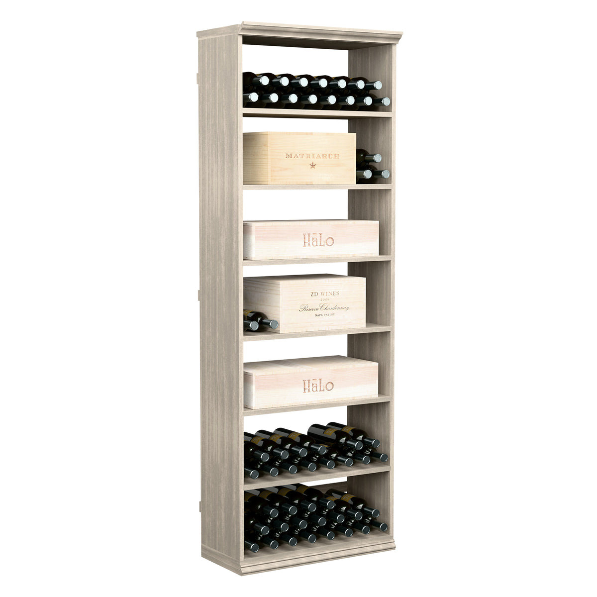 Light wood 6-foot wine storage cabinet with shelves and stacked wine case bins