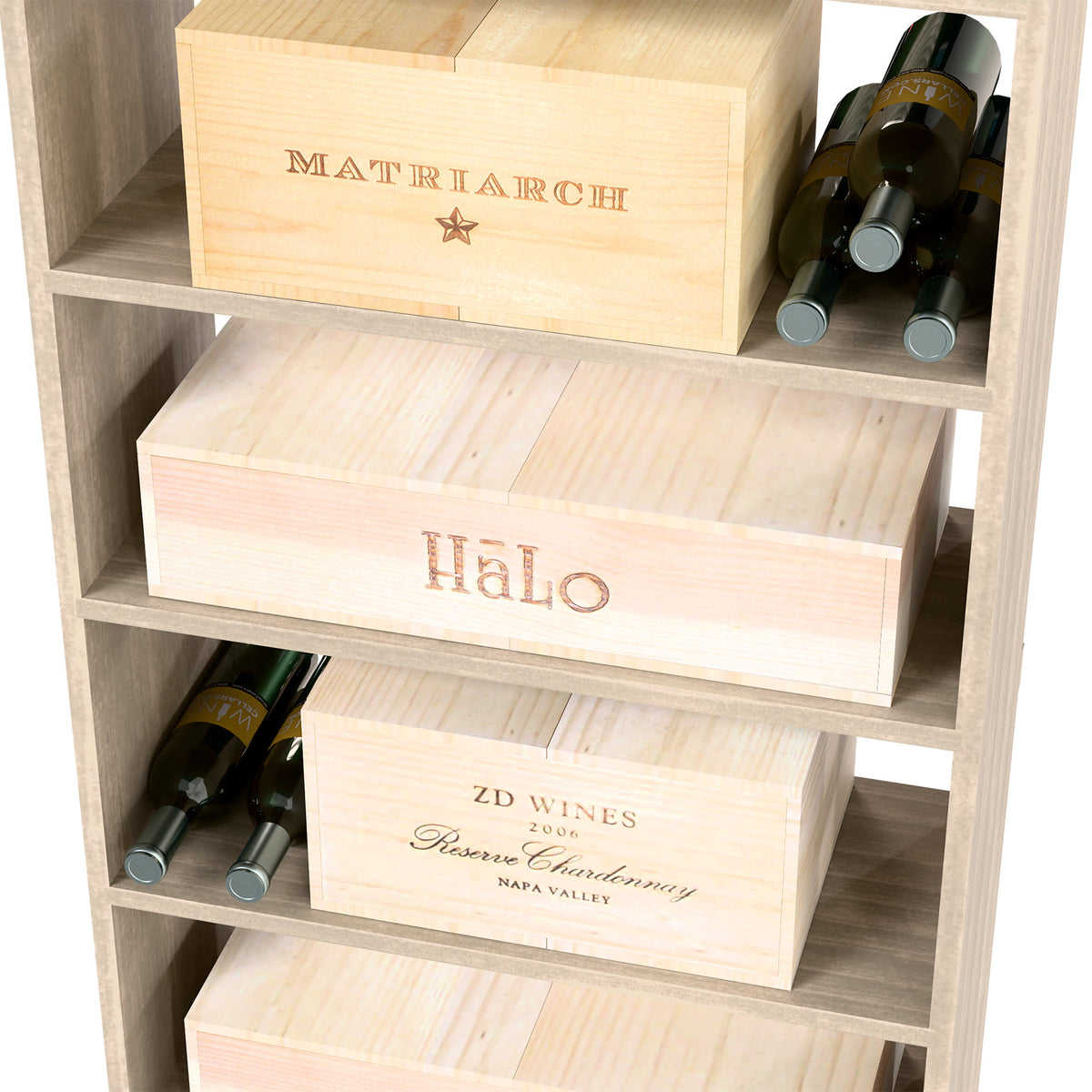Wood wine storage cabinet with three labeled case bins and bottle storage on shelves