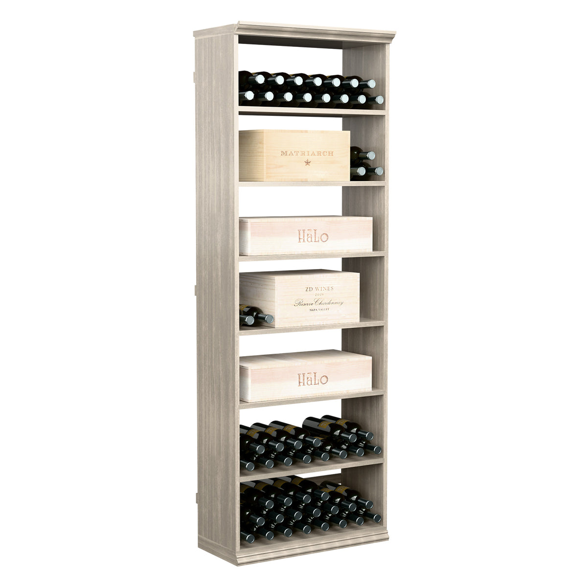 Light wood wine storage cabinet with open shelves, bottle rack, and stacked case bins