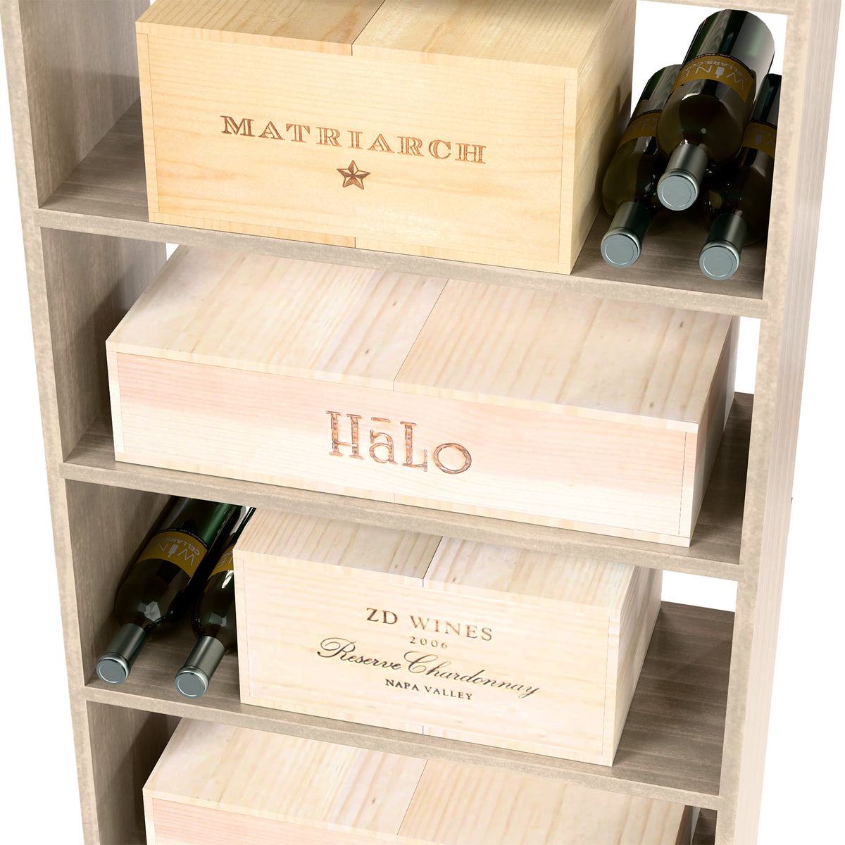 Light wood wine storage cabinet with labeled case bins and bottles in a side shelf