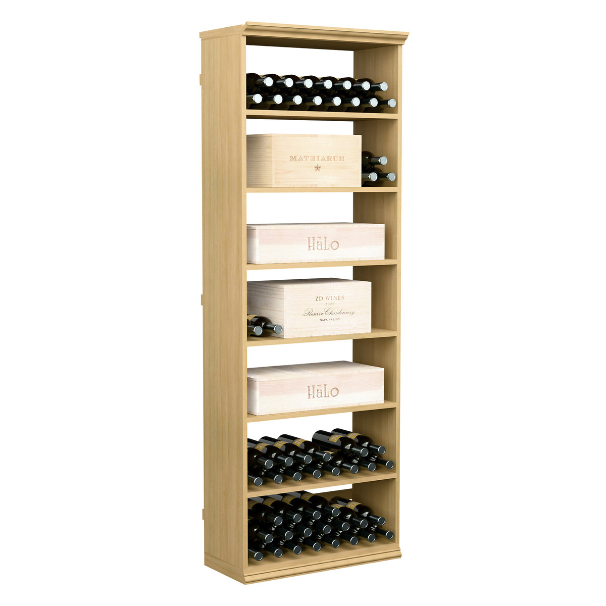 Natural wood 6-foot wine storage cabinet with bottle rack and stacked case bins