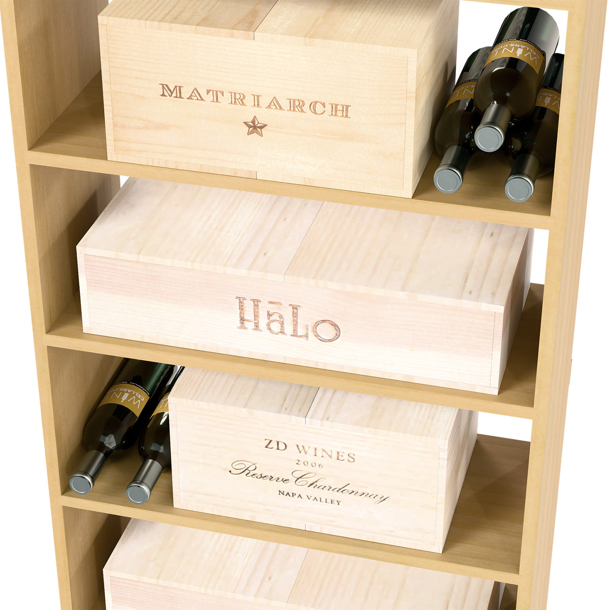 Natural wood wine storage cabinet with labeled case bins and bottle bottles on shelves