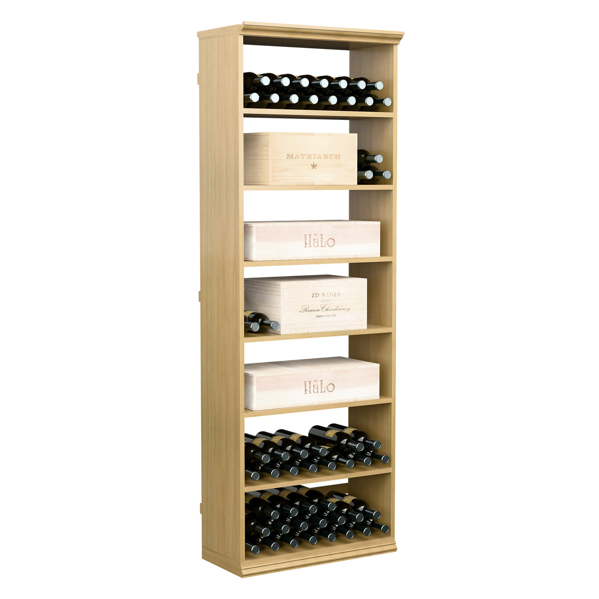 Natural wood wine storage cabinet with open shelves, bottle rack, and case storage