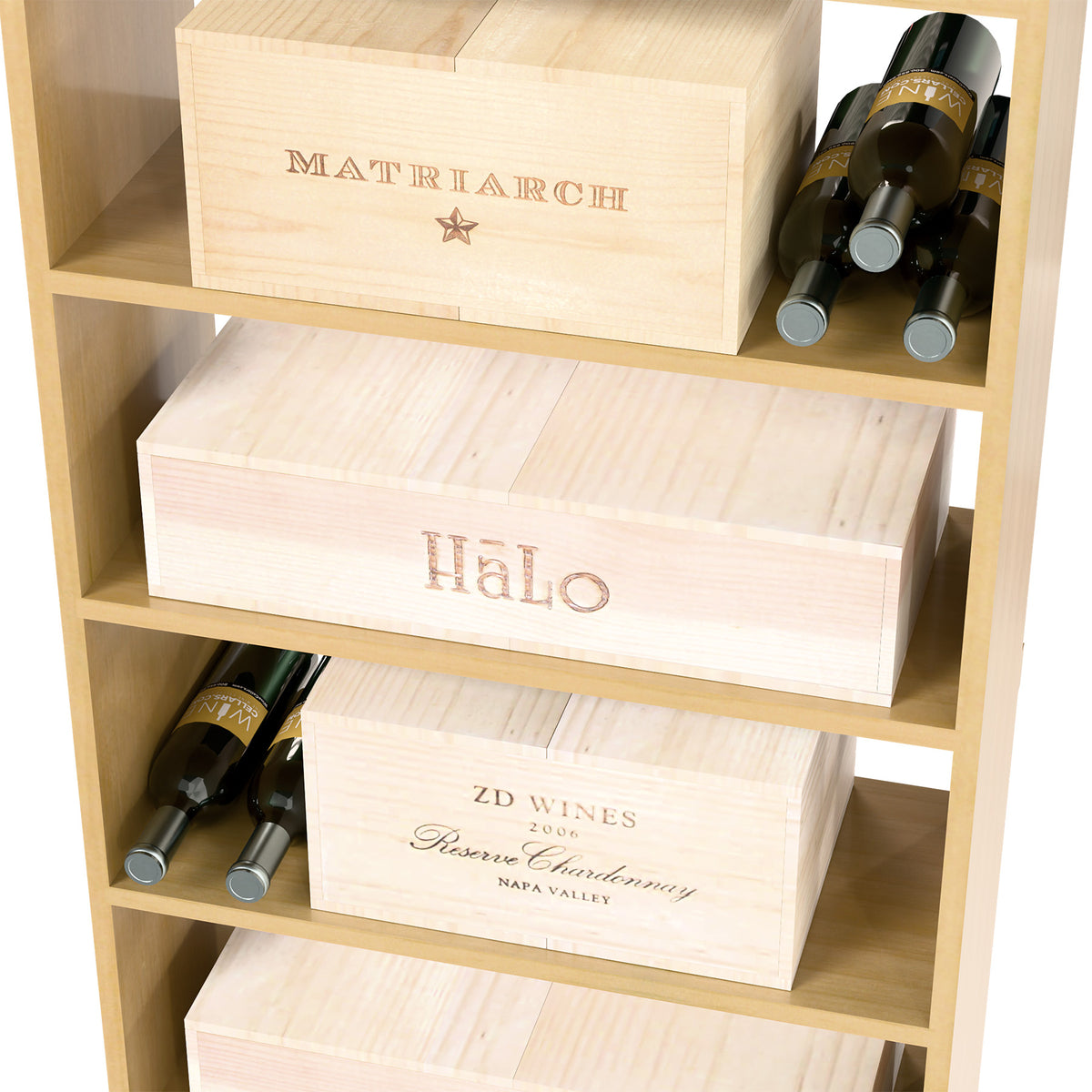 Natural wood wine storage cabinet showing labeled case bins and top bottle rack