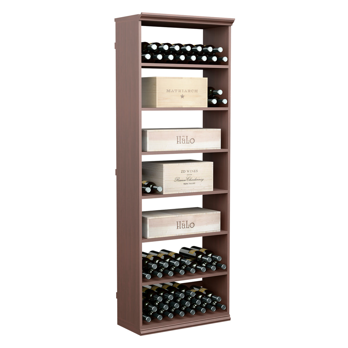 Dark wood 6-foot wine storage cabinet with bottle rack and stacked wine case bins