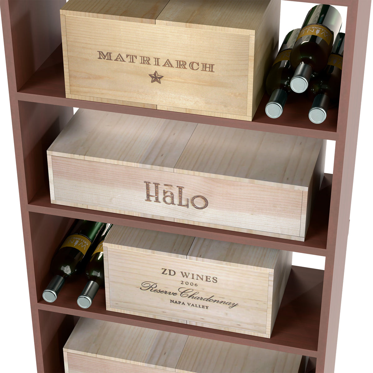 Dark wood wine storage cabinet with labeled case bins and bottles on open shelves