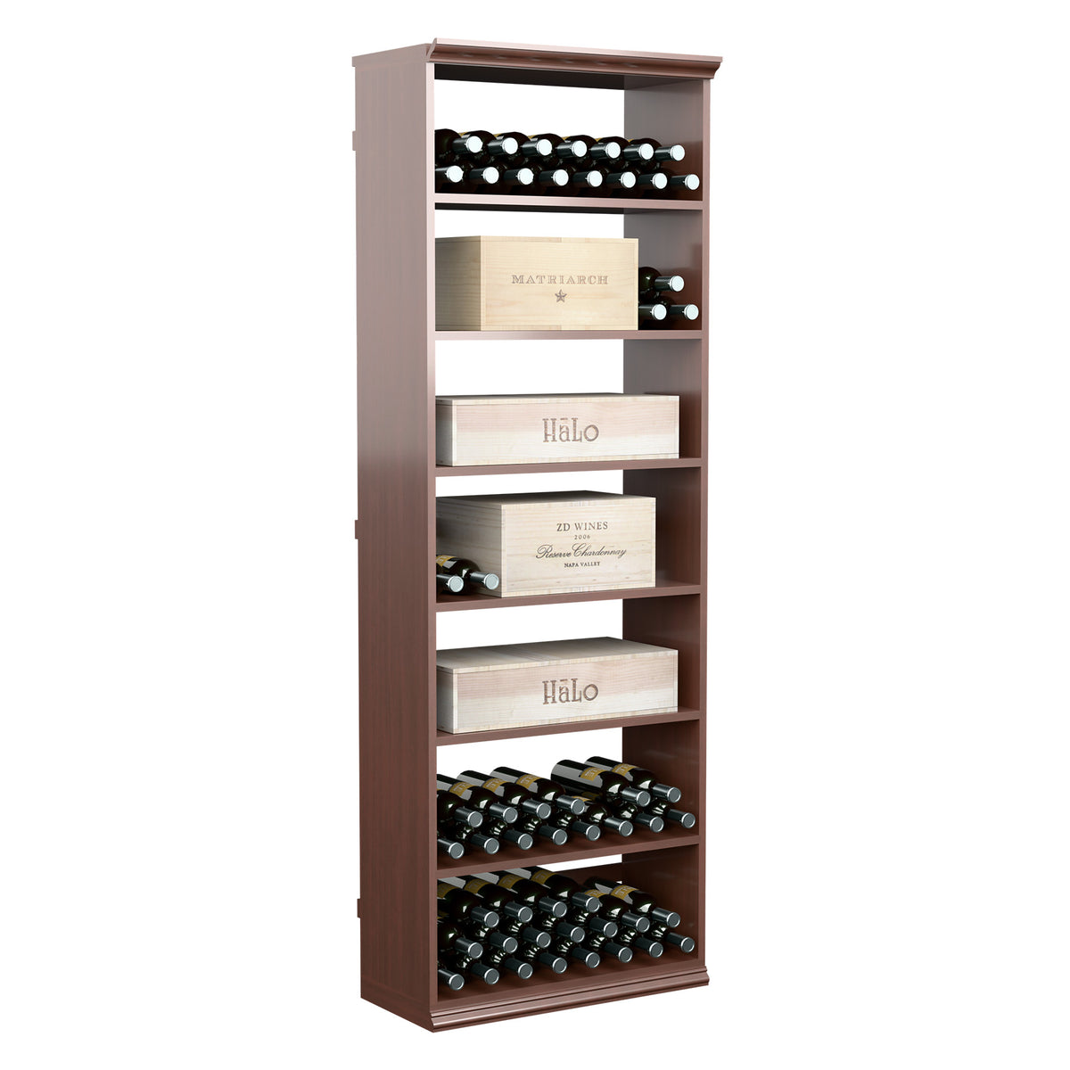 Rectangular wine storage bin with open shelves and rows of wine bottles in dark wood