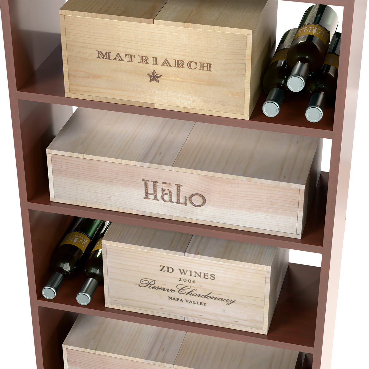 Rectangular wine case bin with front label boxes and bottle slots in dark wood