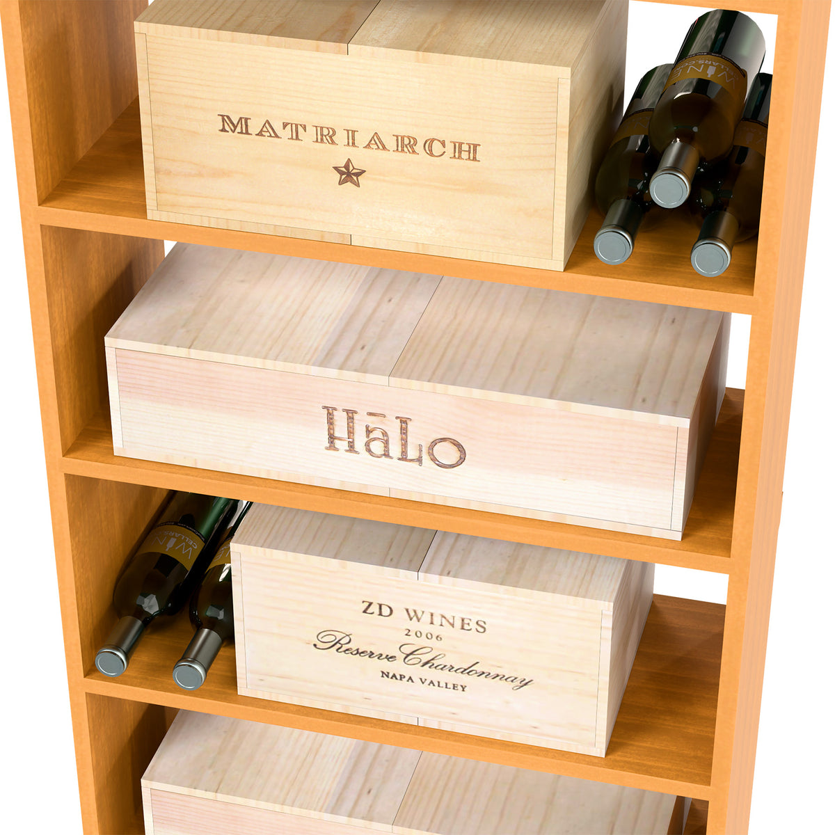 Rectangular wine case bin with front label crates and bottle slots in light wood