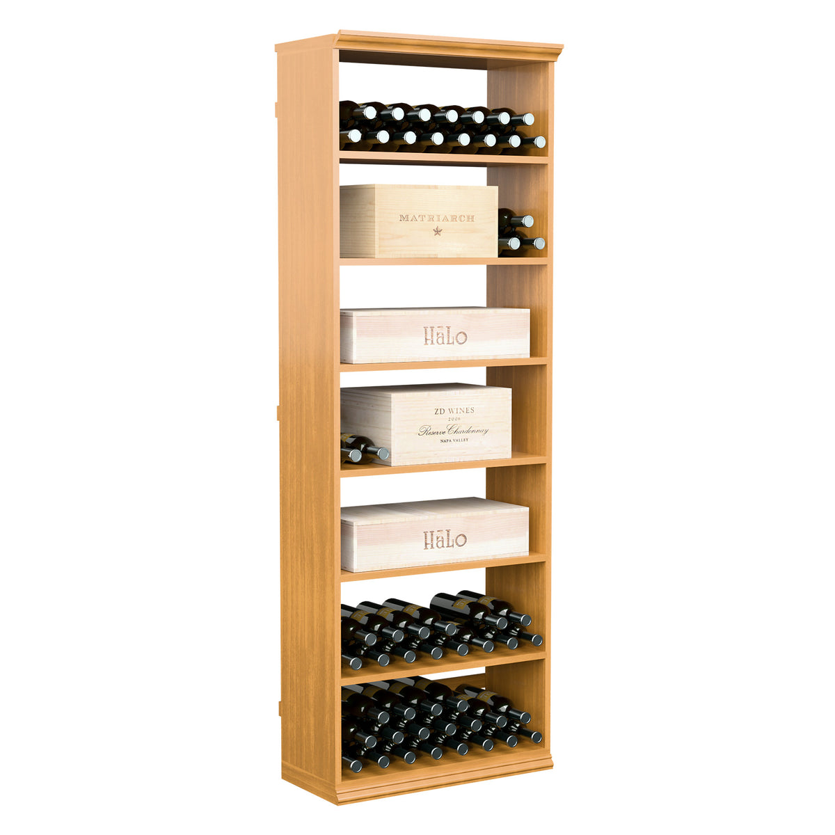 Rectangular wine storage bin with open shelves and wine bottle rows in light wood