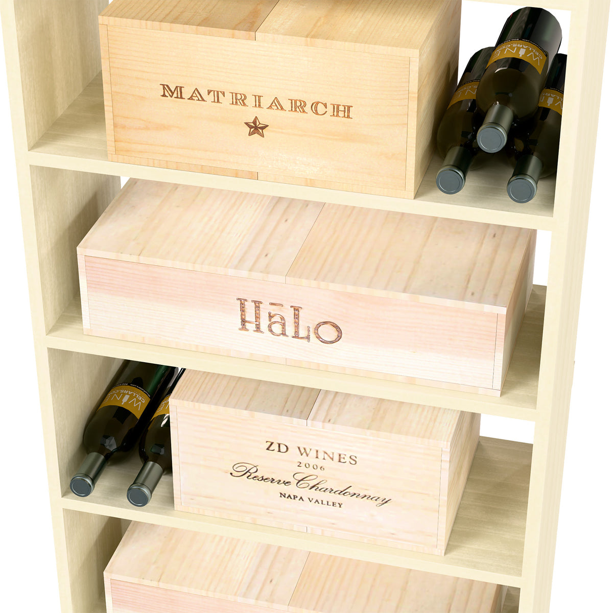 Rectangular wine case bin with labeled crates and bottle openings in whitewashed wood