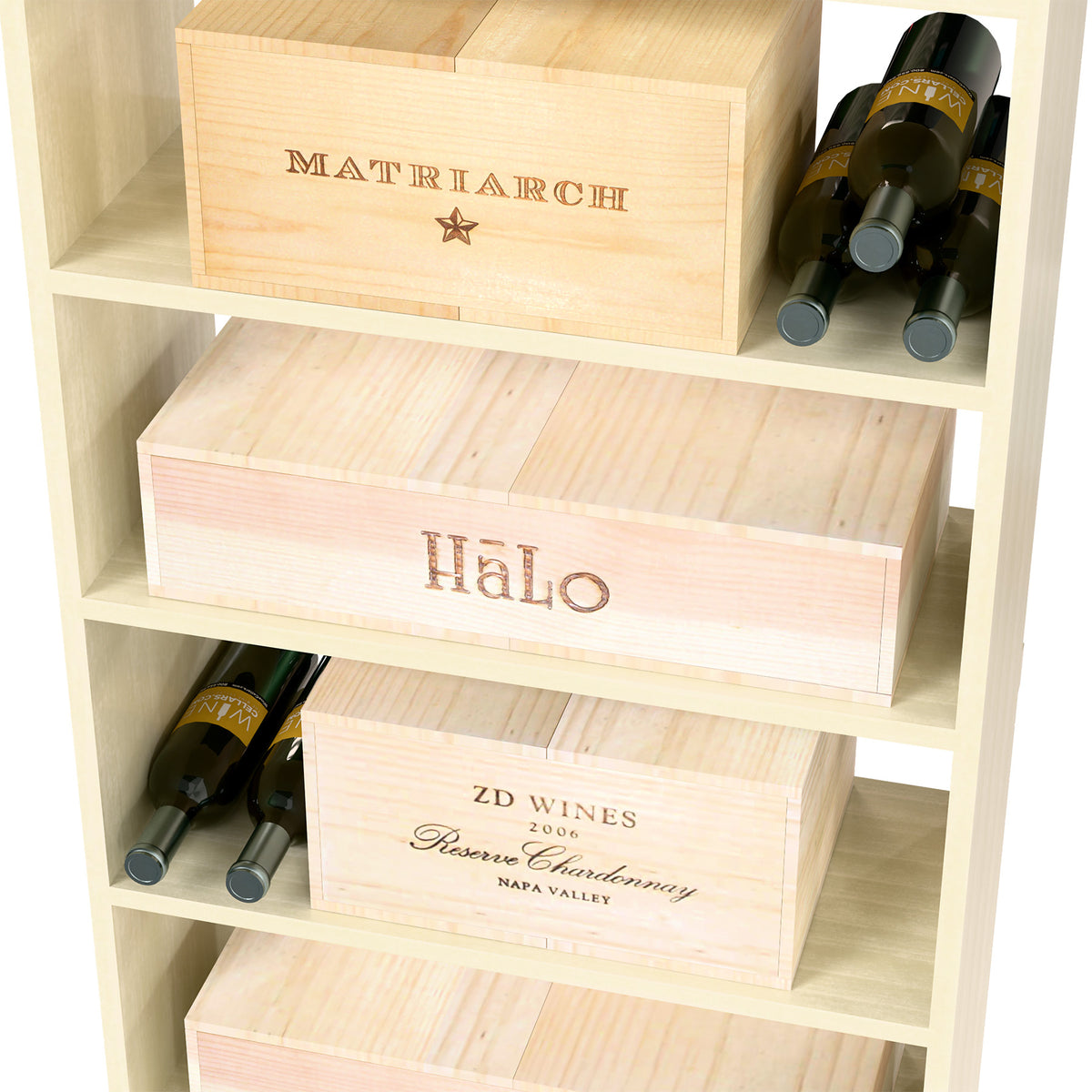Rectangular wine case bin with labeled crates and bottle openings in whitewashed wood