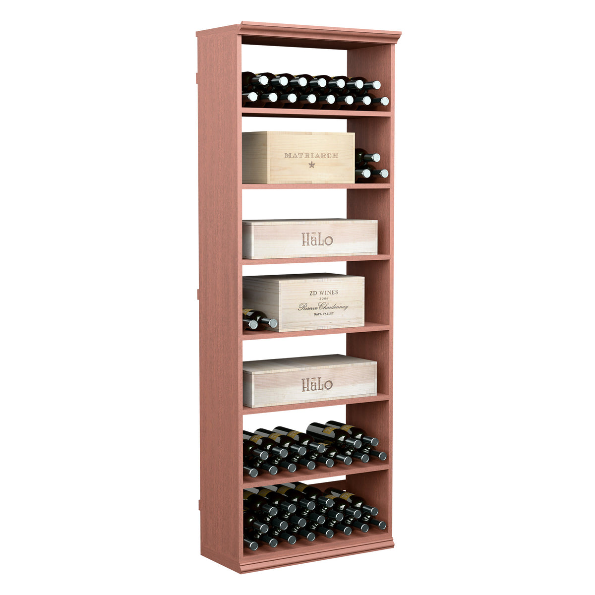 Rectangular wine storage cabinet with shelves and bottle slots, reddish wood finish