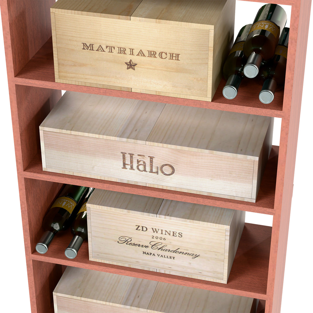 Wood wine case bin with front crates and wine bottles in cubbies, medium reddish tone