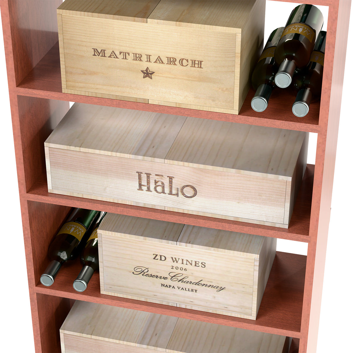 Wood wine case bin with labeled front crates and wine bottles in top shelf, pinkish tone