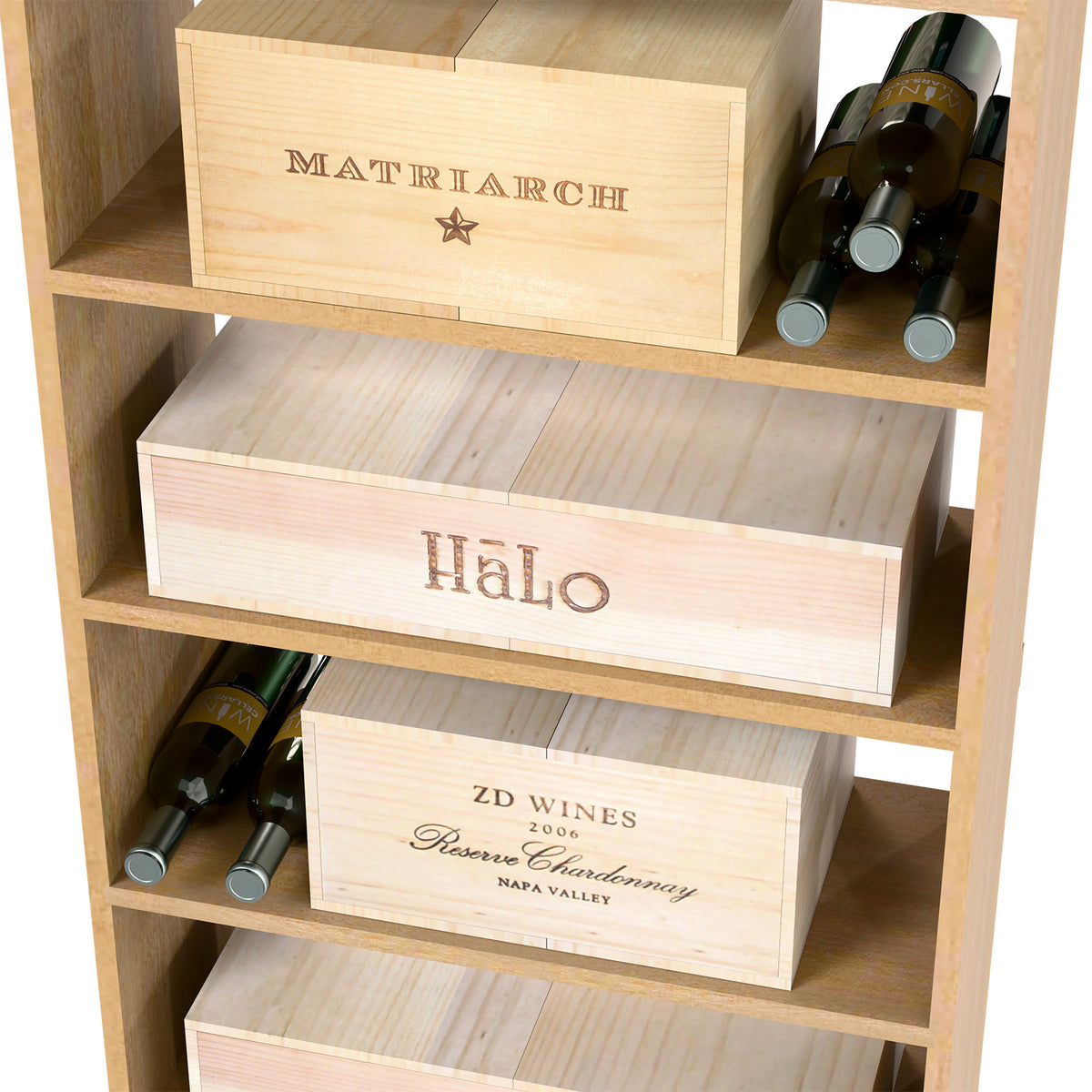Wine case storage bin with labeled crates and wine bottles in cubbies, light wood tone