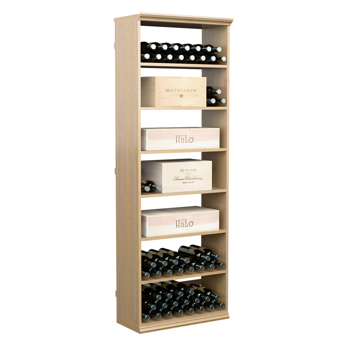 Light wood wine storage cabinet with open shelves and bottle rack, 6 ft height