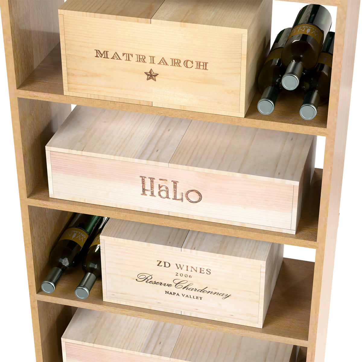 Wine storage cabinet with engraved wooden wine cases and bottle slots on open shelves