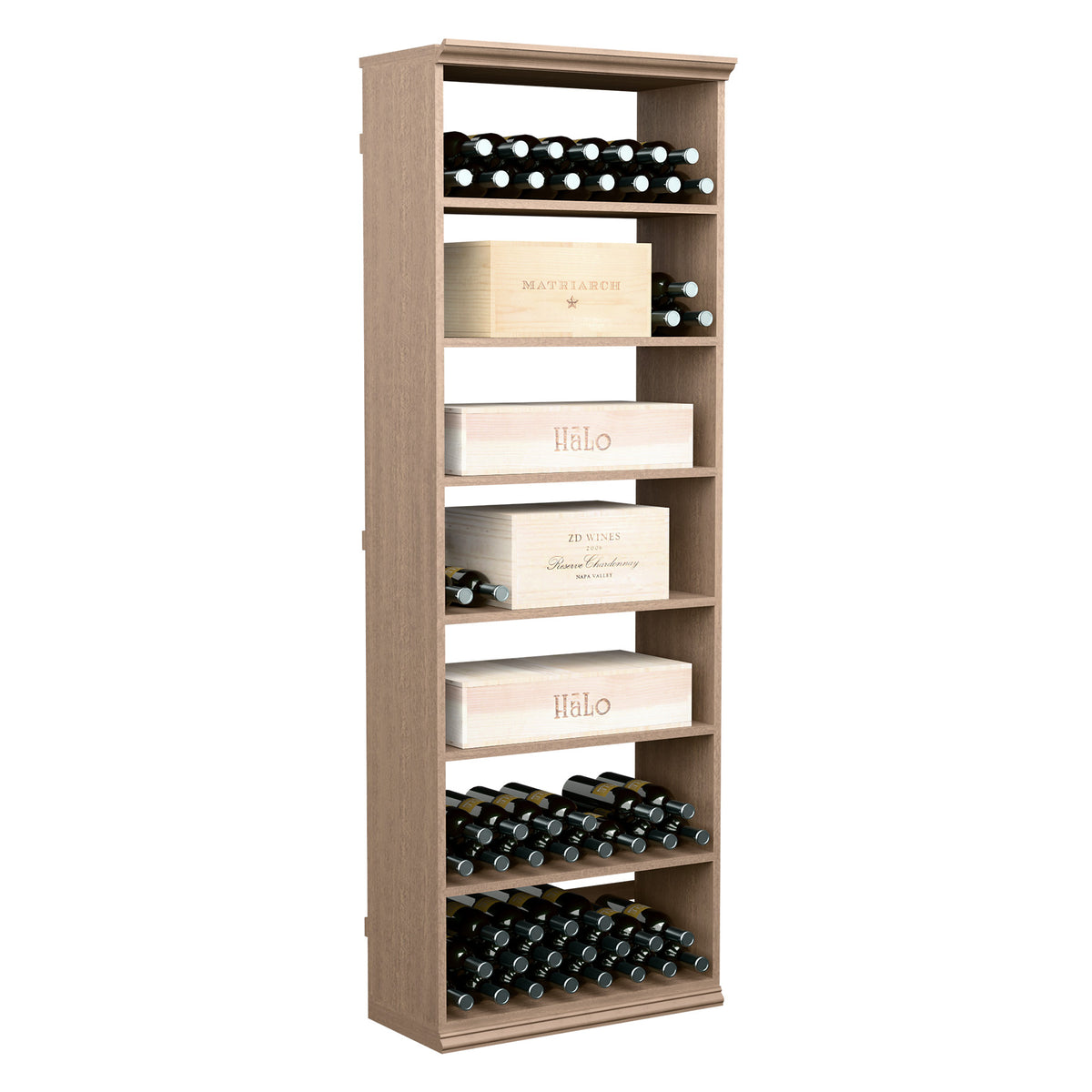 Full-height light wood wine storage cabinet with bottle rack and open cubbies