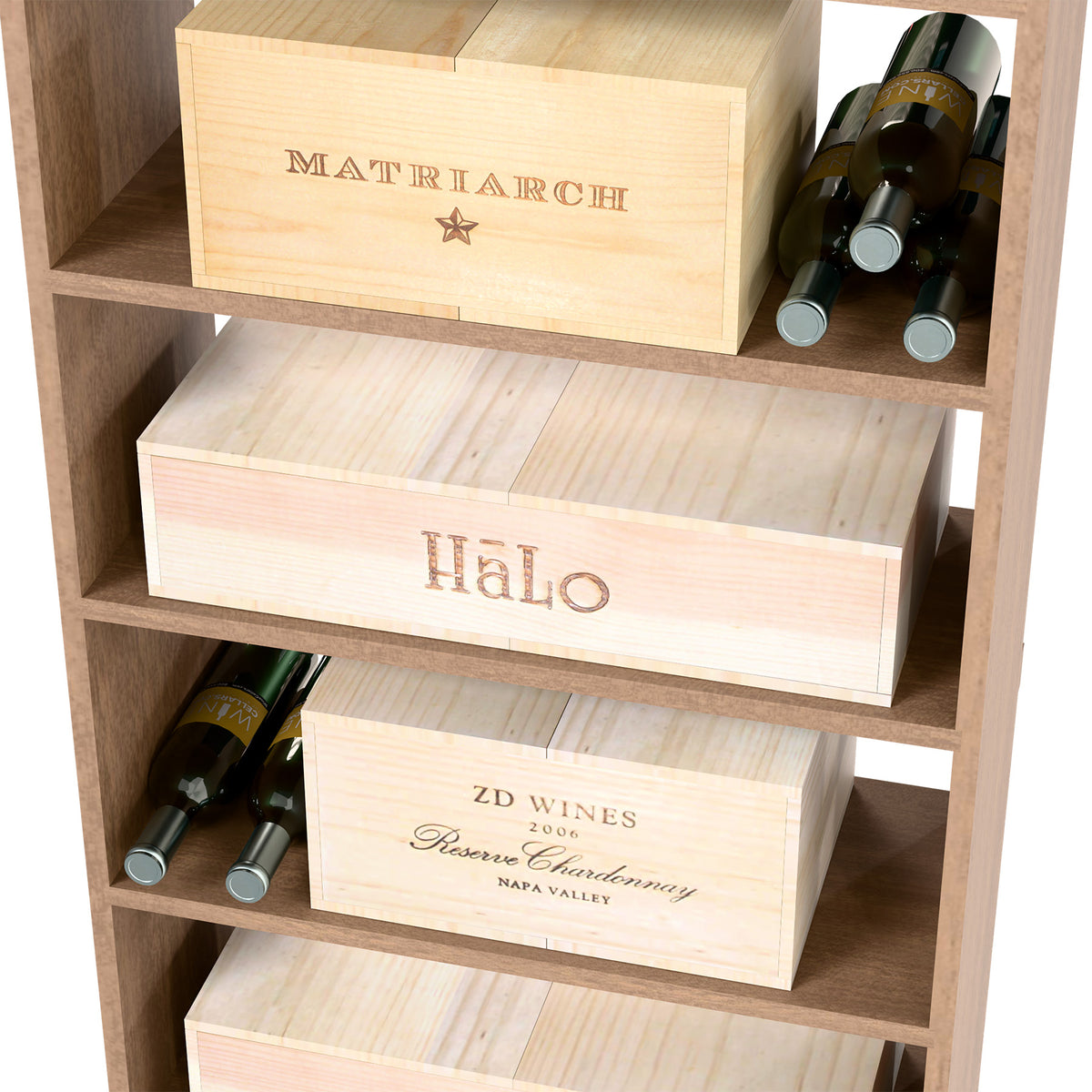 Light wood wine storage cabinet with labeled wooden wine cases and bottle rack