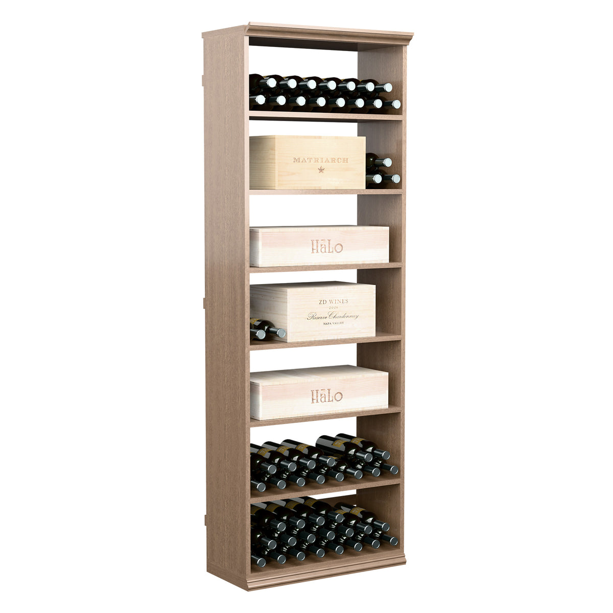 Tall light wood wine storage cabinet with open shelves and bottom bottle rack