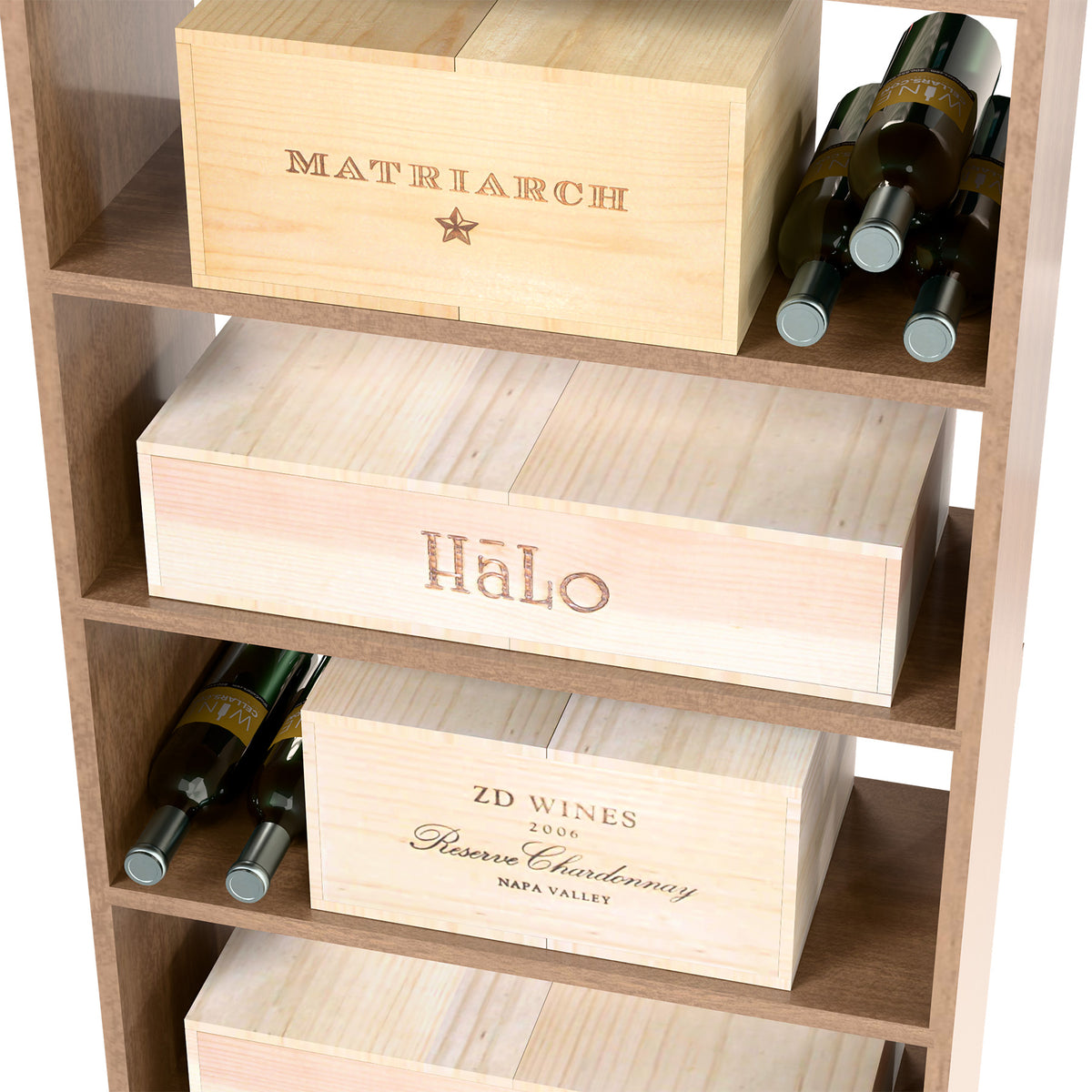 Wine storage cabinet with stacked wooden wine cases and bottle holder cubbies