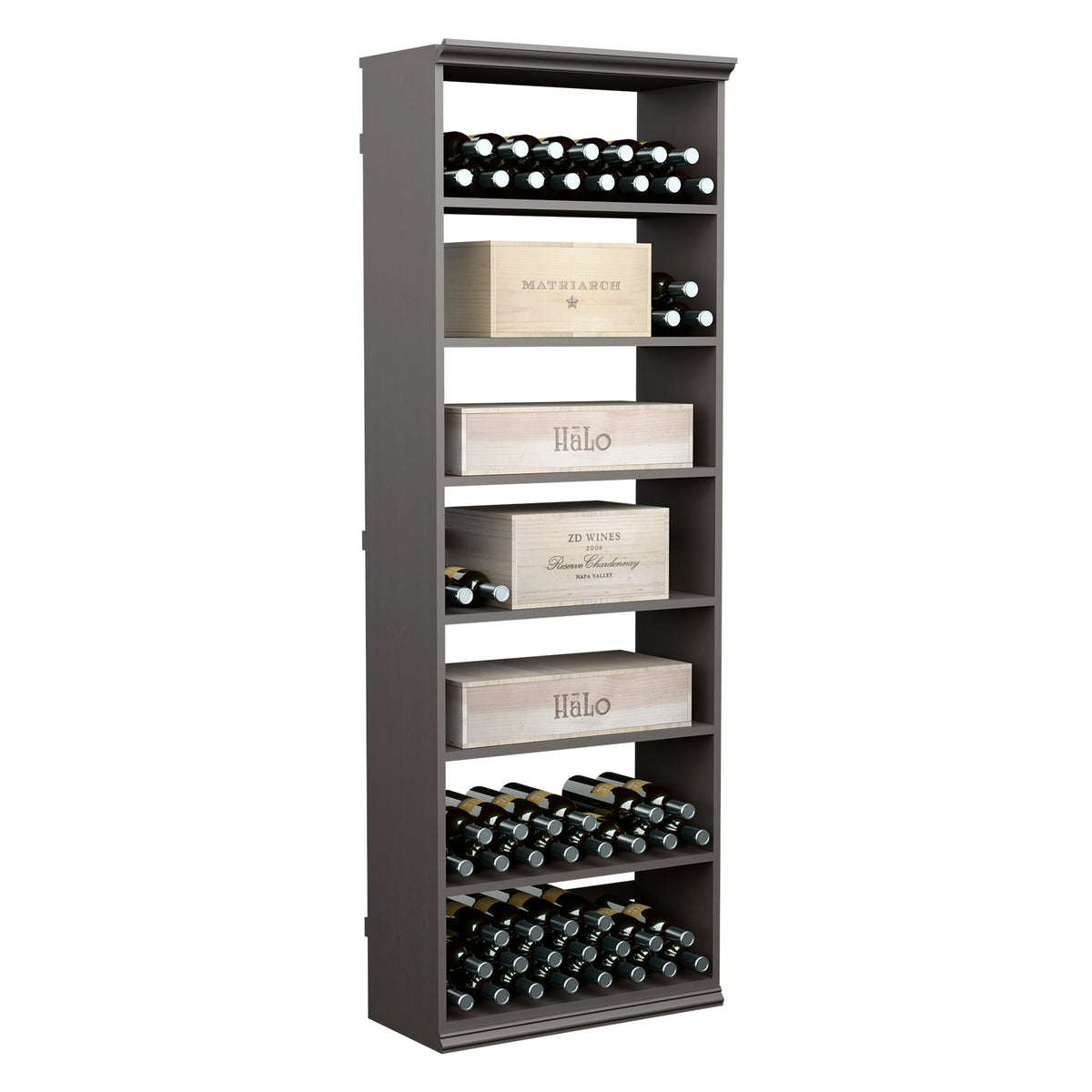 Dark wood wine storage cabinet with open shelves and bottle rack, 6 ft height