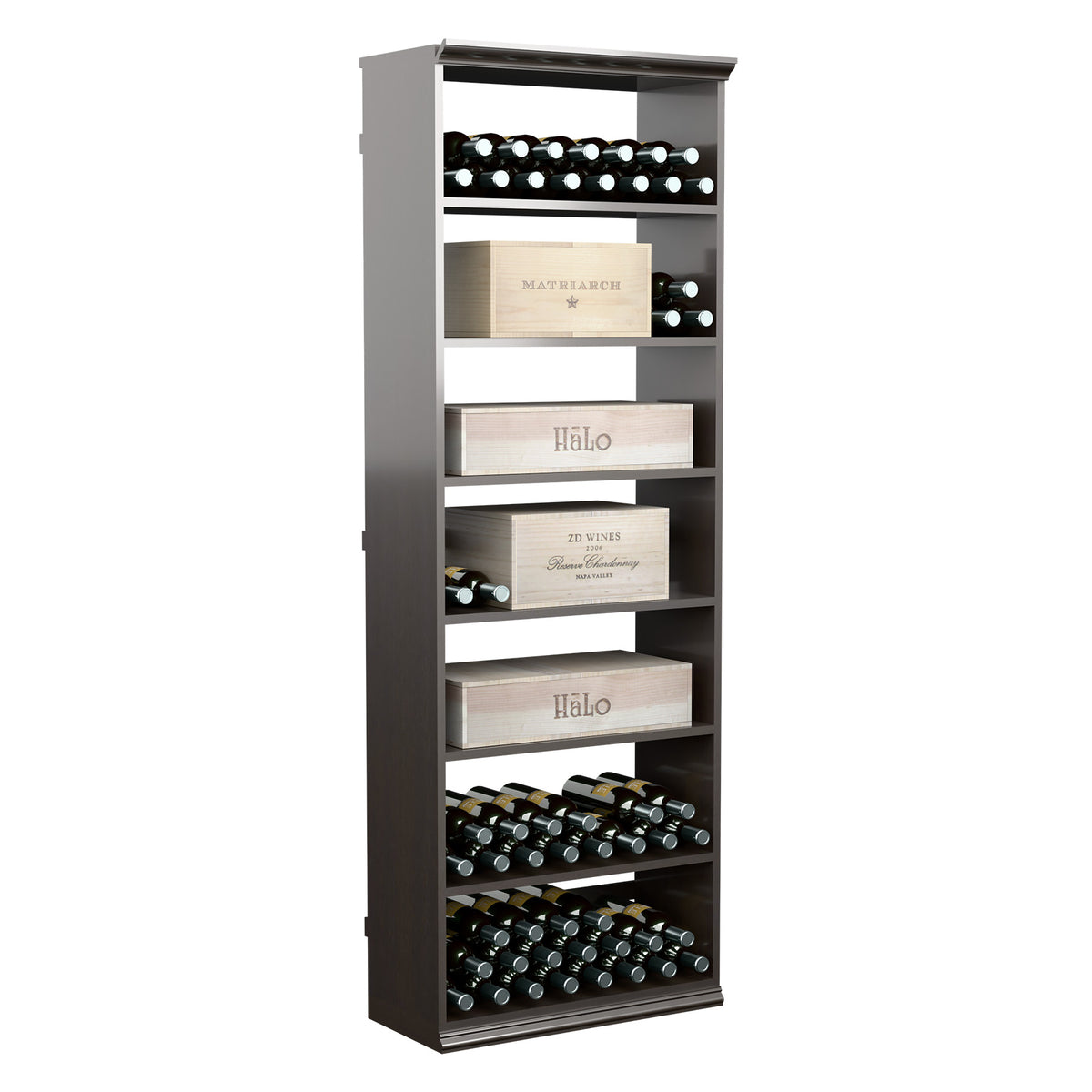 Dark wood wine storage cabinet with open shelves and bottom bottle rack