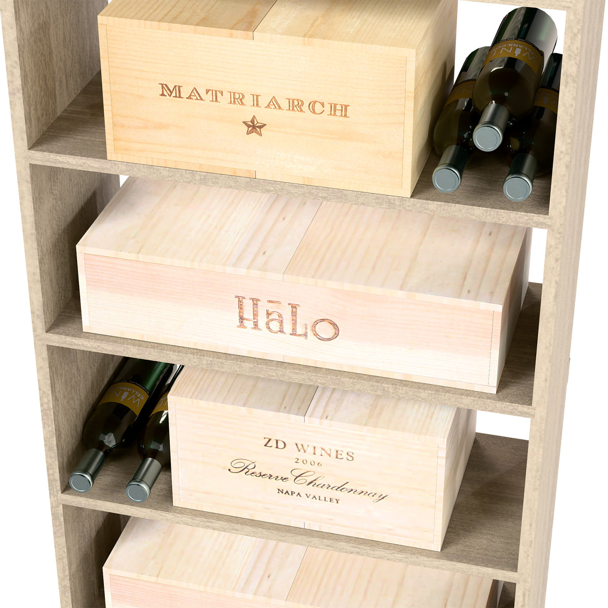 Light wood wine storage bin with stacked front crates and bottle openings in compartments