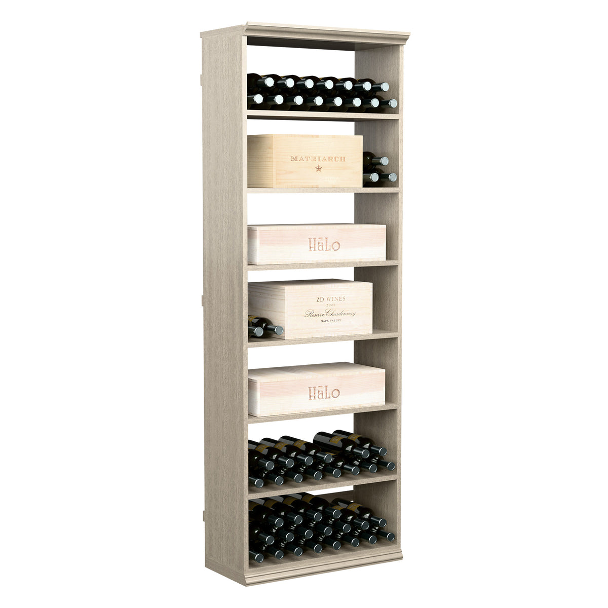Grey-toned rectangular wine storage cabinet with open shelving and bottle display slots