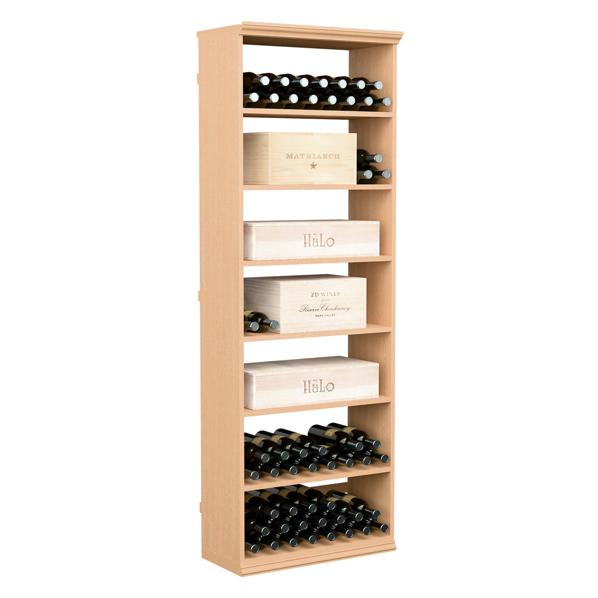 Light wood rectangular wine storage bin with open shelves and bottle rack at bottom