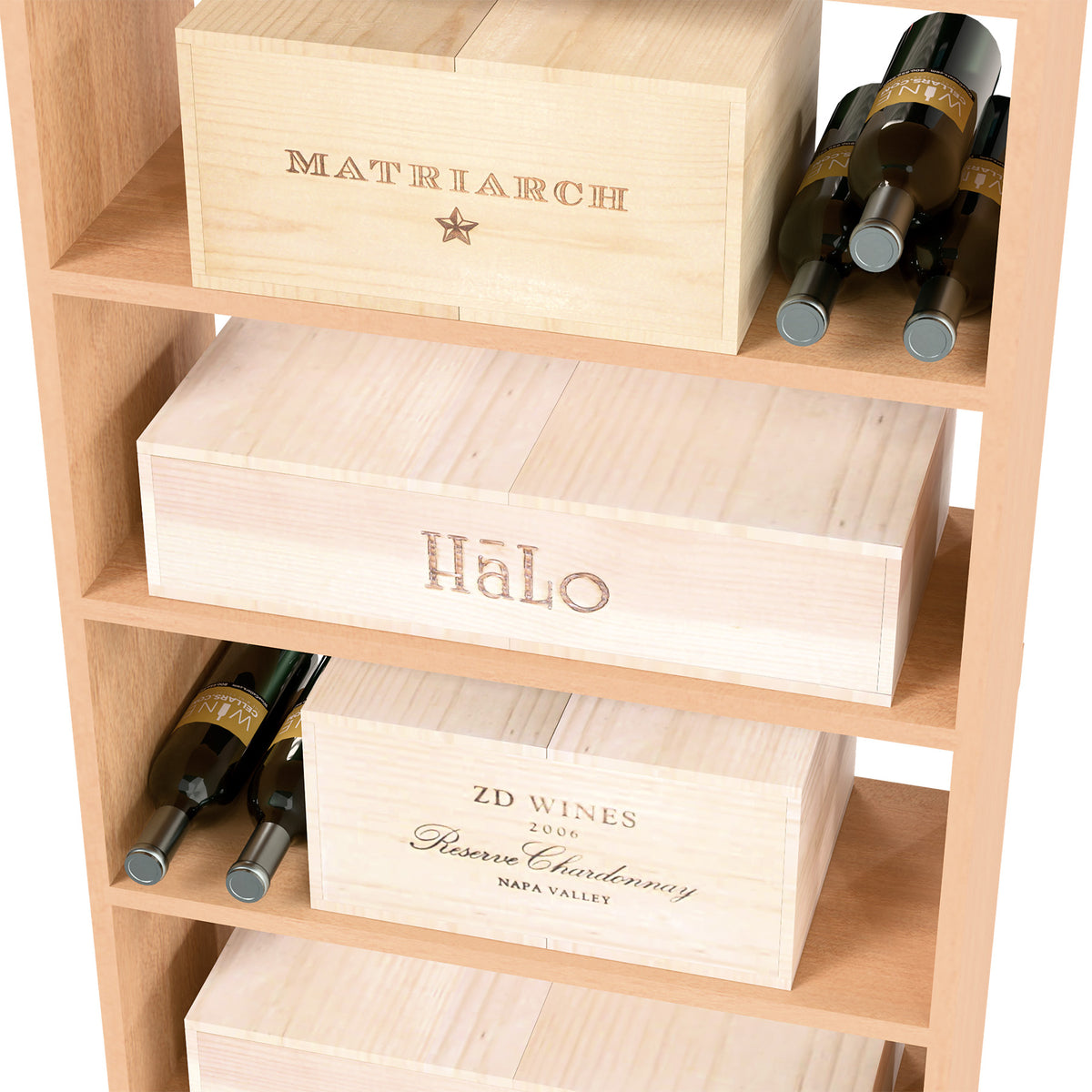 Light wood wine storage bin with open shelves and front crates with bottle holders