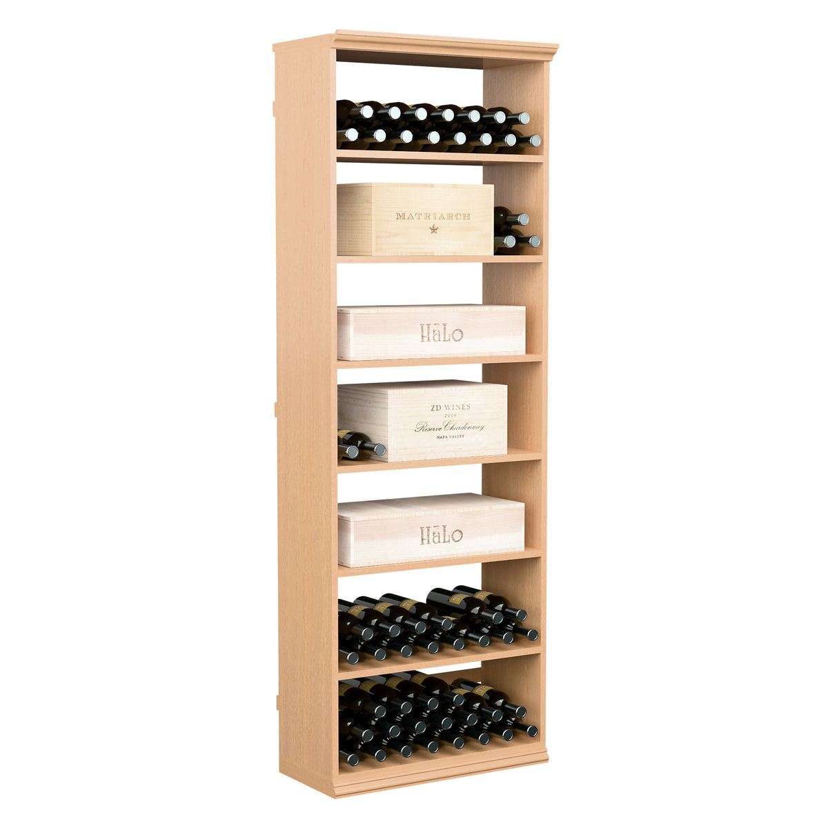 Light wood rectangular wine storage cabinet with open shelving and bottle slots