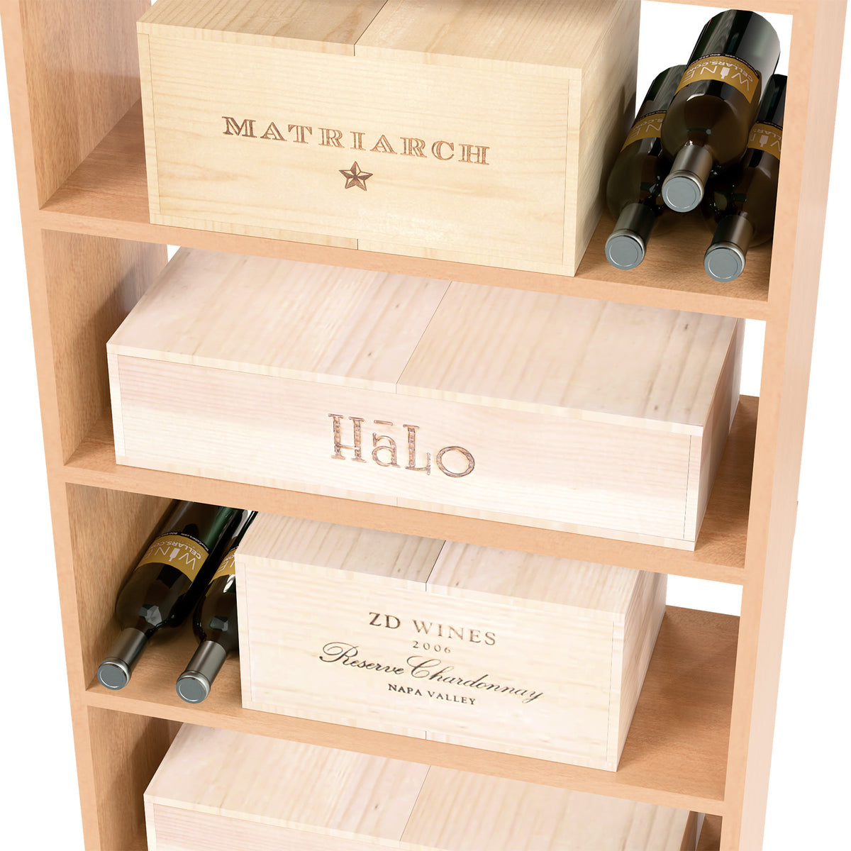 Light wood rectangular wine storage bin with front wooden crates and bottle openings