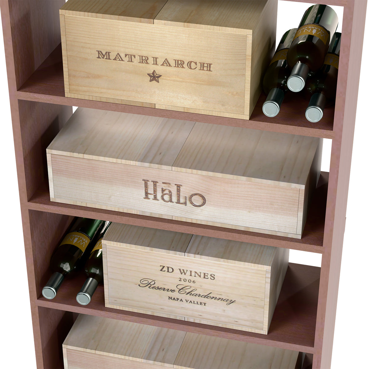 Wood wine storage bin with front crates and wine bottles in side bottle holders