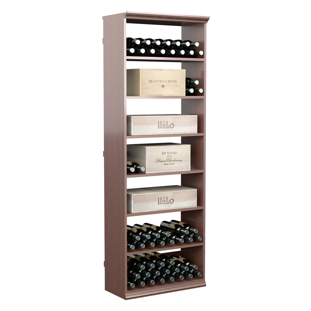 Dark wood wine rack cabinet with open shelves and front bottle storage slots